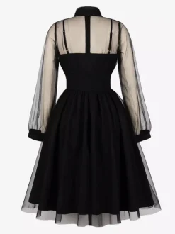 Robe midi vintage pour femme en tulle bordeaux manches longues transparentes col n艙ud coupe cintrée et évasée