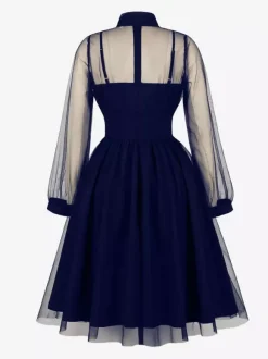 Robe midi vintage pour femme en tulle bordeaux manches longues transparentes col n艙ud coupe cintrée et évasée