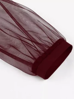 Robe midi vintage pour femme en tulle bordeaux manches longues transparentes col n艙ud coupe cintrée et évasée