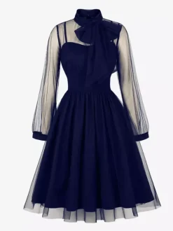 Robe midi vintage pour femme en tulle bordeaux manches longues transparentes col n艙ud coupe cintrée et évasée