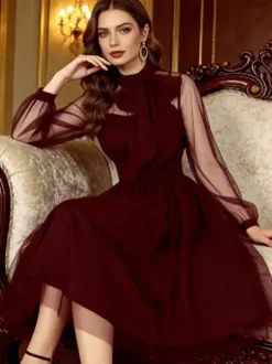 Robe midi vintage pour femme en tulle bordeaux manches longues transparentes col n艙ud coupe cintrée et évasée