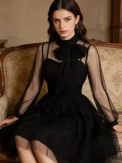 Robe midi vintage pour femme en tulle bordeaux manches longues transparentes col n艙ud coupe cintrée et évasée