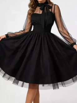 Robe midi vintage pour femme en tulle bordeaux manches longues transparentes col n艙ud coupe cintrée et évasée