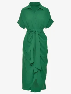Robe Mi-longue Chemise Col Rabattu Plissé Manches Courtes Décontractée