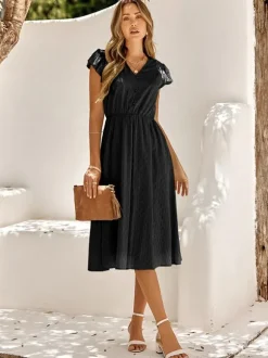 Robe Mi-longue Décontractée À Col En V Manches Courtes Robe Vert Sauge