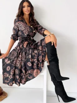 Robe Mi-longue Décontractée À Imprimé Floral Manches Mi-Longues