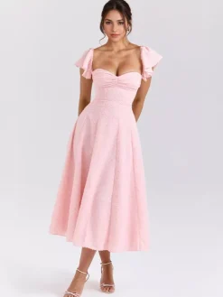 Robe mi-longue en jacquard floral rose pâle avec manches papillon coupe trapèze pour femme 2026