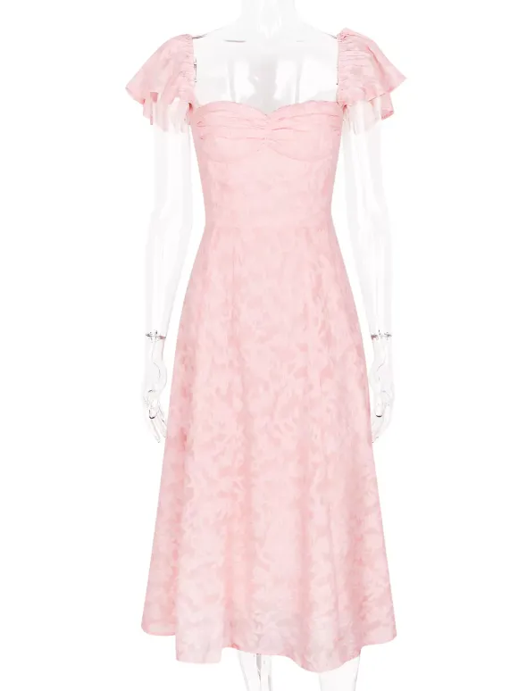 Robe mi-longue en jacquard floral rose pâle avec manches papillon coupe trapèze pour femme 2026