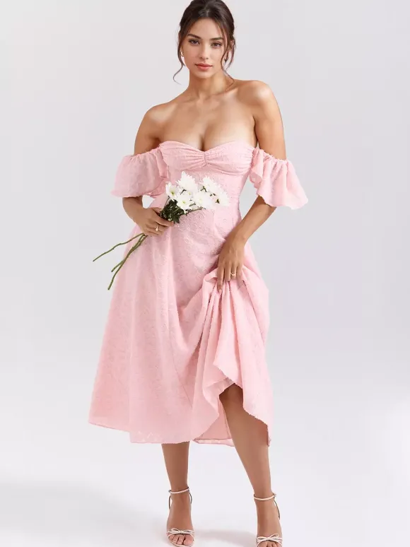 Robe mi-longue en jacquard floral rose pâle avec manches papillon coupe trapèze pour femme 2026