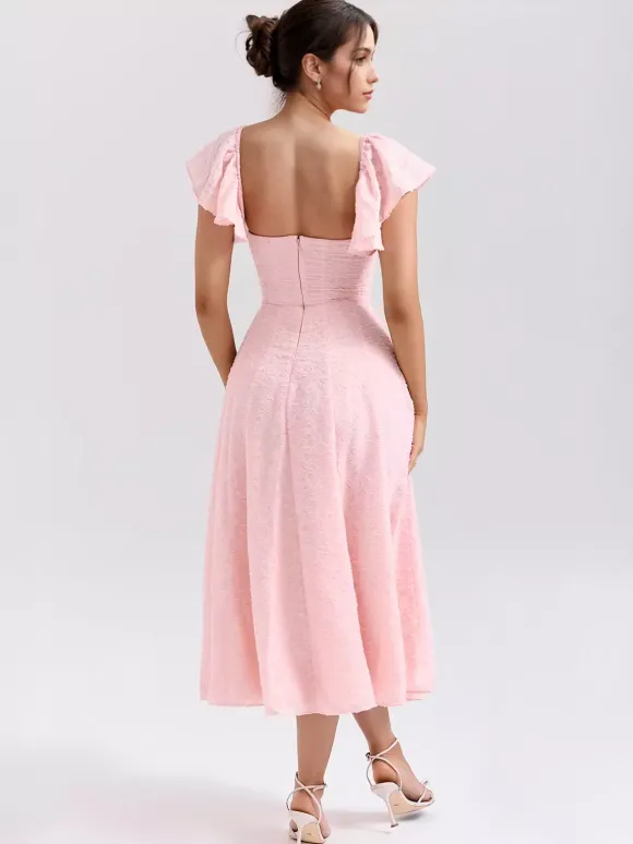 Robe mi-longue en jacquard floral rose pâle avec manches papillon coupe trapèze pour femme 2026