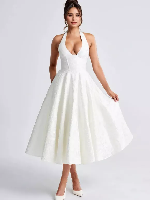 Robe mi-longue à fleurs rose pâle col licou coupe trapèze style vintage pour femme 2026