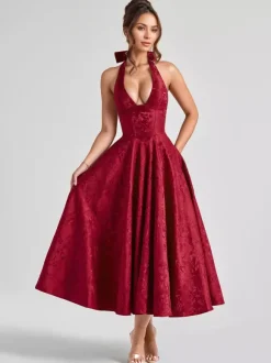 Robe mi-longue à fleurs rose pâle col licou coupe trapèze style vintage pour femme 2026