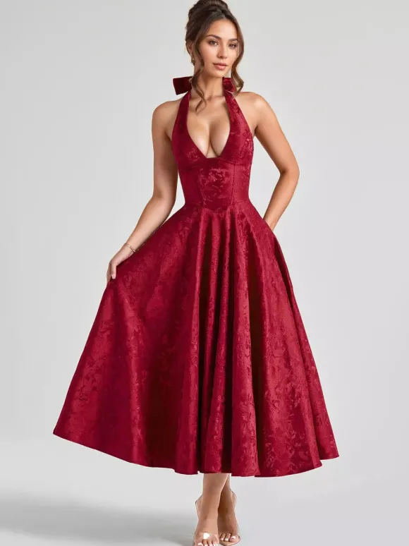 Robe mi-longue à fleurs rose pâle col licou coupe trapèze style vintage pour femme 2026