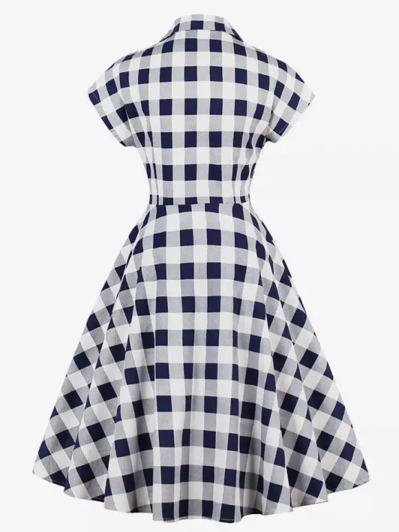 Robe mi-longue trapèze à manches courtes style Hepburn pour femme style vintage vichy 2026