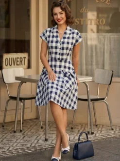 Robe mi-longue trapèze à manches courtes style Hepburn pour femme style vintage vichy 2026