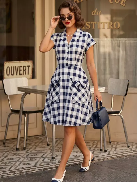 Robe mi-longue trapèze à manches courtes style Hepburn pour femme style vintage vichy 2026