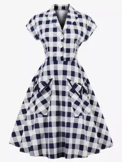 Robe mi-longue trapèze à manches courtes style Hepburn pour femme style vintage vichy 2026