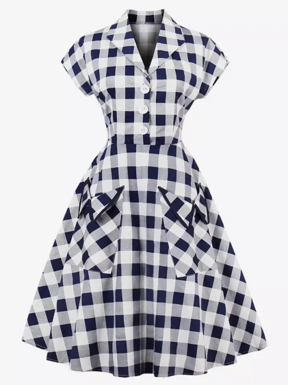 Robe mi-longue trapèze à manches courtes style Hepburn pour femme style vintage vichy 2026
