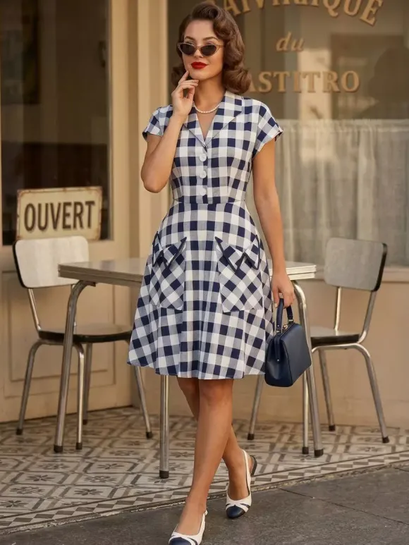 Robe mi-longue trapèze à manches courtes style Hepburn pour femme style vintage vichy 2026