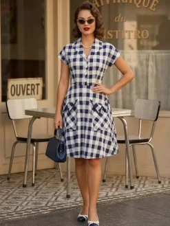 Robe mi-longue trapèze à manches courtes style Hepburn pour femme style vintage vichy 2026