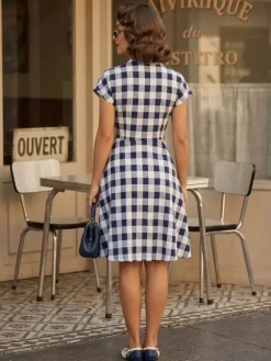 Robe mi-longue trapèze à manches courtes style Hepburn pour femme style vintage vichy 2026