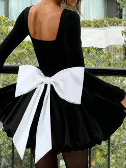 Robe mini à col carré et n艙ud papillon pour femme - Manches longues noires contrastées et élégantes - Style Audrey - Tenue de soirée printemps 2026