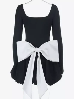 Robe mini à col carré et n艙ud papillon pour femme - Manches longues noires contrastées et élégantes - Style Audrey - Tenue de soirée printemps 2026