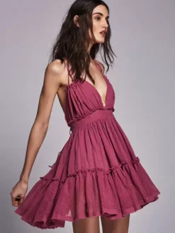 Robe mini dos nu à bretelles pour femme - Robe babydoll bohème texturée à volants et col en V avec lien au dos - Idéale pour une soirée d'été à la plage 2026