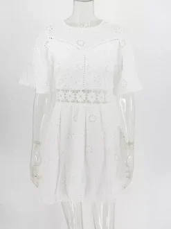 Robe mini dos nu à 艙illets blancs pour femme - Robe d'été bohème en coton coupe évasée et manches bouffantes - Idéale pour les vacances d'été à la plage 2026