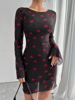 Robe mini dos nu à imprimé c艙ur et manches longues pour femme 2026