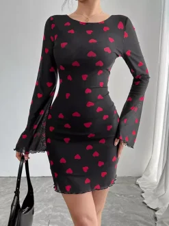 Robe mini dos nu à imprimé c艙ur et manches longues pour femme 2026