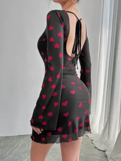 Robe mini dos nu à imprimé c艙ur et manches longues pour femme 2026