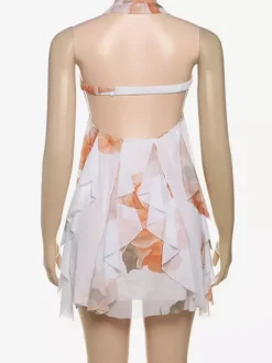 Robe mini dos nu à motif étoile de mer pour femme - Robe de soirée fluide en mousseline à volants et ourlet froncé Fairycore - Collection été plage 2026