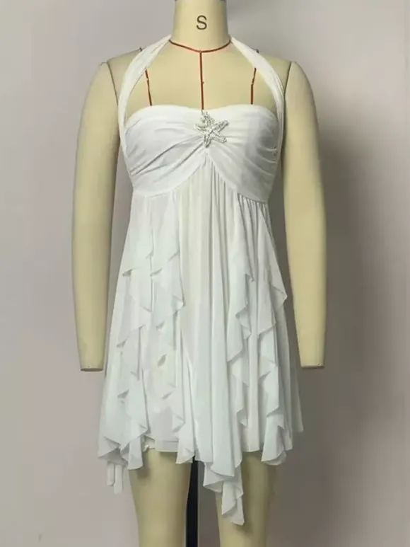 Robe mini dos nu à motif étoile de mer pour femme - Robe de soirée fluide en mousseline à volants et ourlet froncé Fairycore - Collection été plage 2026