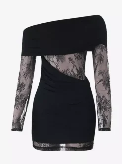 Robe mini en dentelle froncée pour femme - Robe moulante noire à épaules dénudées - Idéale pour les soirées en club du printemps 2026