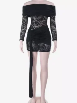Robe mini en dentelle à épaules dénudées pour femme - Coupe moulante drapée sur le côté - Tenues de soirée printanières 2026