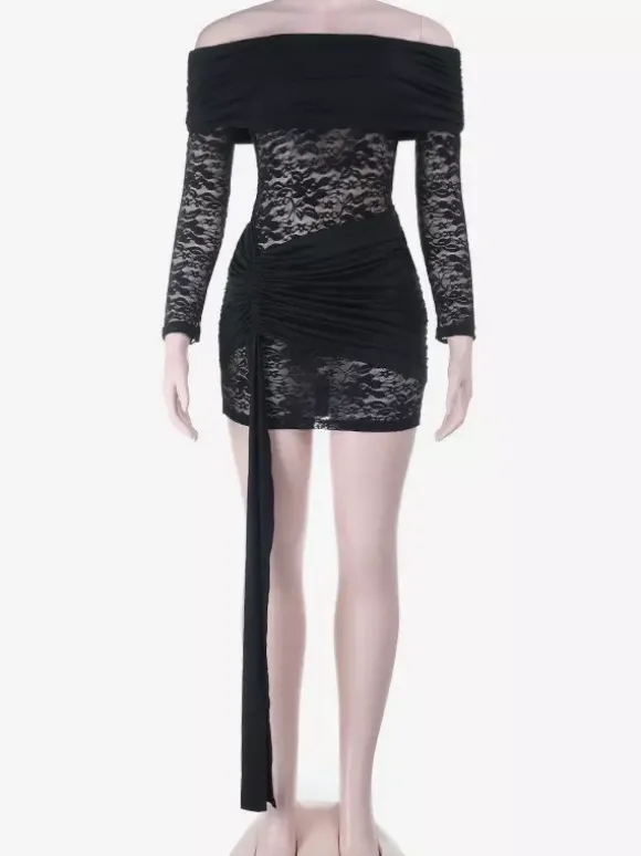Robe mini en dentelle à épaules dénudées pour femme - Coupe moulante drapée sur le côté - Tenues de soirée printanières 2026