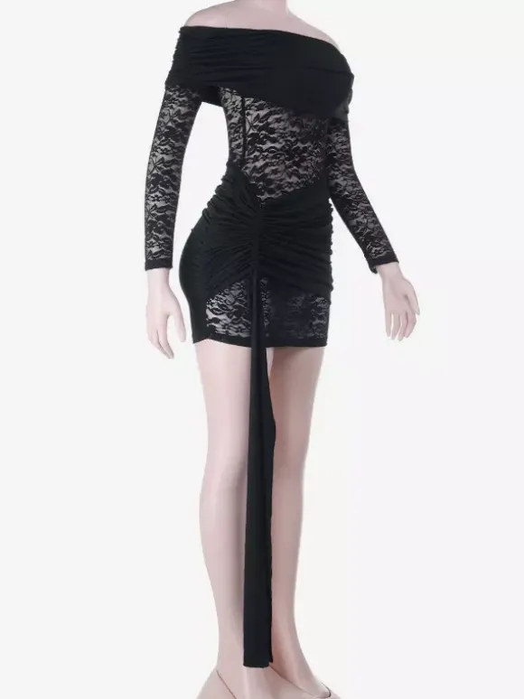 Robe mini en dentelle à épaules dénudées pour femme - Coupe moulante drapée sur le côté - Tenues de soirée printanières 2026