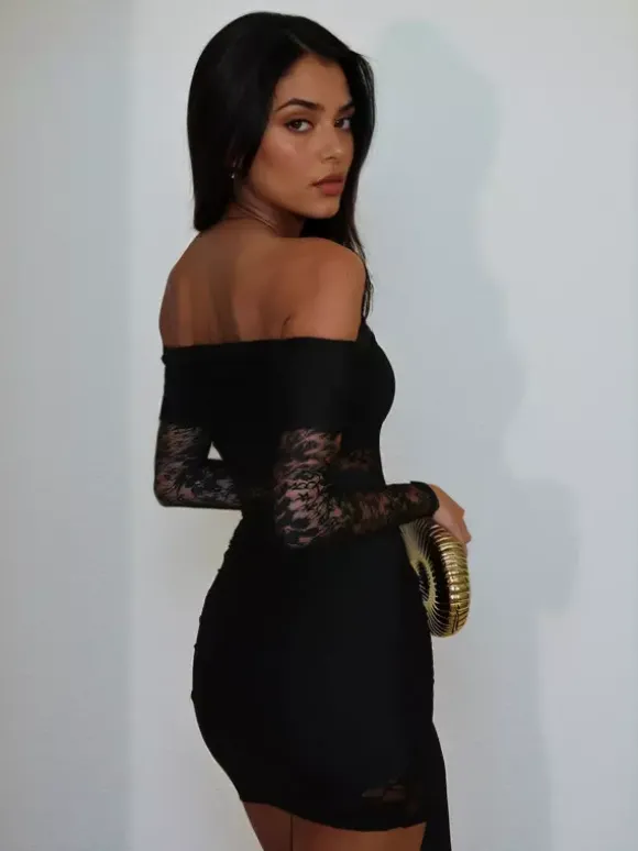 Robe mini en dentelle à épaules dénudées pour femme - Coupe moulante drapée sur le côté - Tenues de soirée printanières 2026