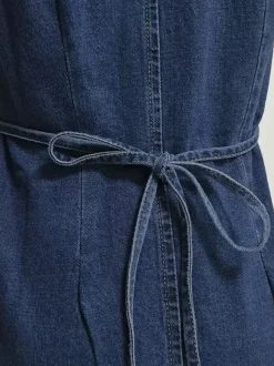 Robe mini en jean bleu marine à col V sans manches pour femme style rétro chic