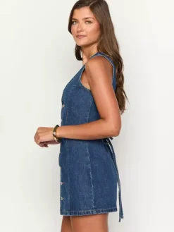 Robe mini en jean bleu marine à col V sans manches pour femme style rétro chic
