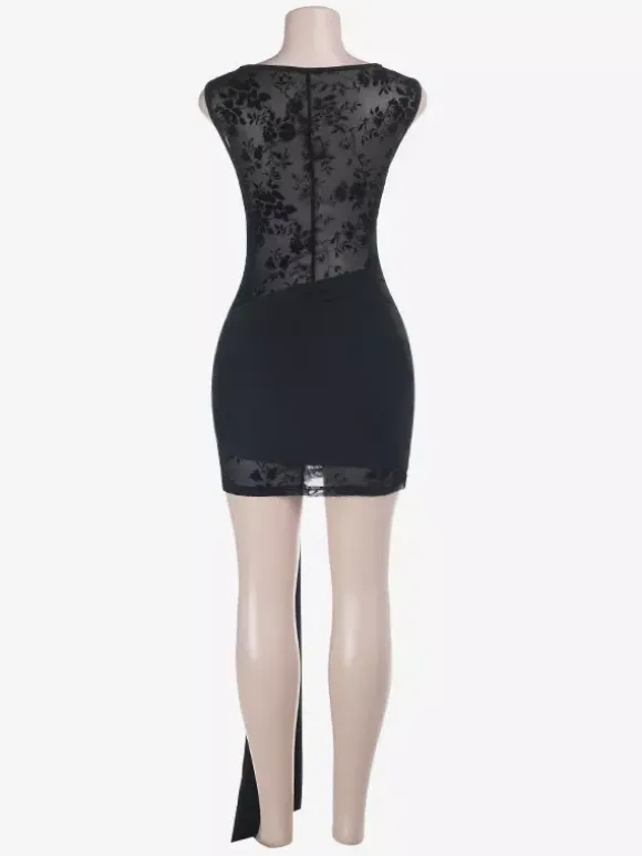Robe mini en maille florale pour femme - Robe moulante sexy transparente et froncée - Style Y2K tenue de soirée estivale 2026