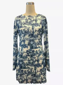 Robe mini en maille imprimée vintage dos nu à manches longues pour femme 2026