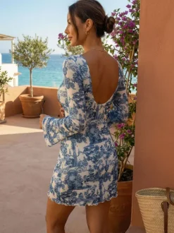 Robe mini en maille imprimée vintage dos nu à manches longues pour femme 2026