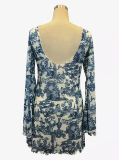 Robe mini en maille imprimée vintage dos nu à manches longues pour femme 2026
