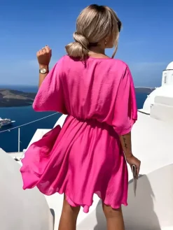 Robe mini en satin pour femme - Robe patineuse bohème portefeuille à manches courtes et col en V - Idéale pour les fêtes d'été à la plage 2026