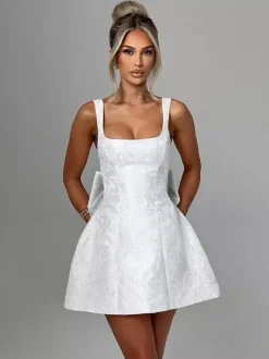 Robe mini Jacquard Coquette pour femme - Barbiecore avec grand n艙ud dans le dos sans manches coupe trapèze - Tenues de fête d'anniversaire d'été 2026