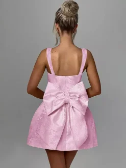 Robe mini Jacquard Coquette pour femme - Barbiecore avec grand n艙ud dans le dos sans manches coupe trapèze - Tenues de fête d'anniversaire d'été 2026