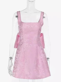 Robe mini Jacquard Coquette pour femme - Barbiecore avec grand n艙ud dans le dos sans manches coupe trapèze - Tenues de fête d'anniversaire d'été 2026