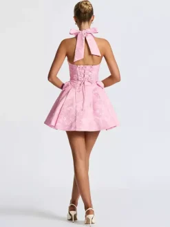Robe mini jacquard dos nu à col halter pour femme - Robe patineuse trapèze dos nu avec grands n艙uds - Fête d'anniversaire d'été 2026